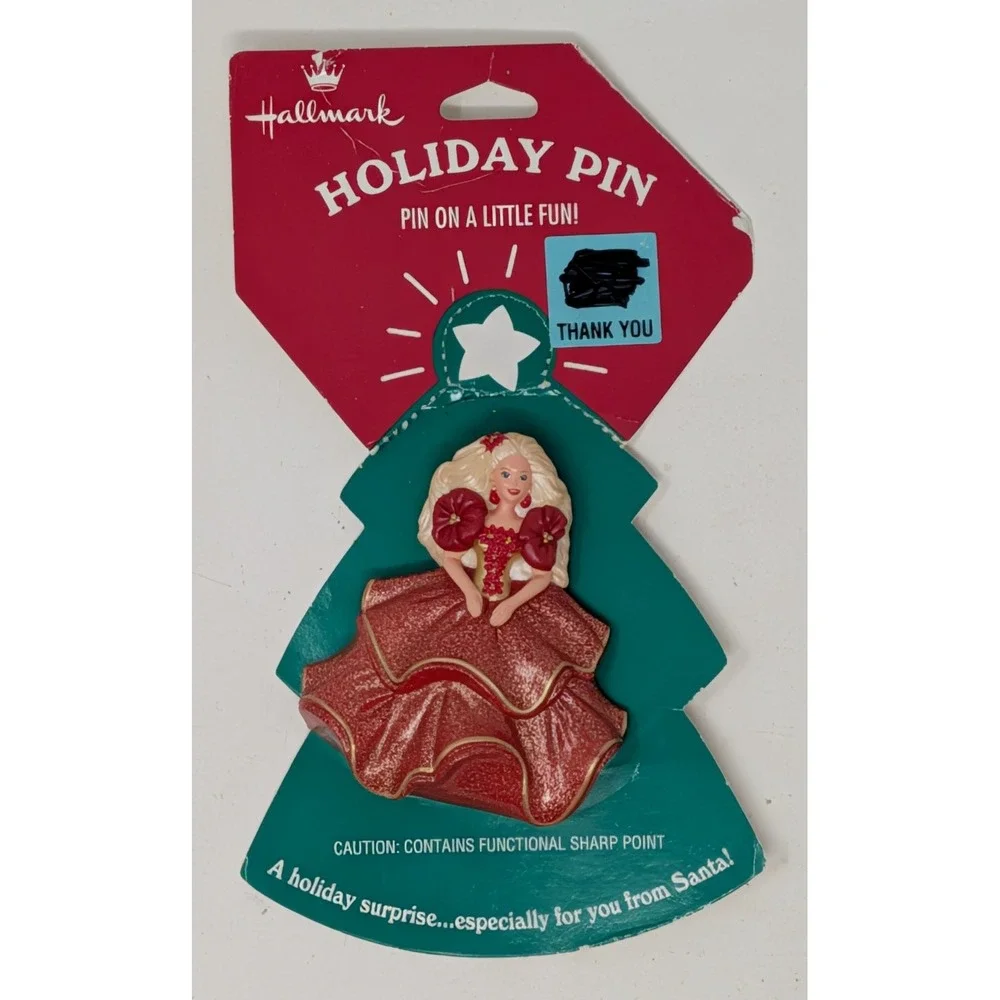 Vintage Hallmark Barbie Holiday Pin 1995 Christmas Red Dress - New